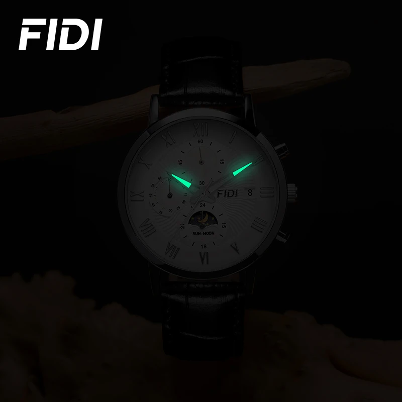 FIDI Man Watch Fashion Top Luxury Sport Men\'s Wristwatch Waterproof Luminous Leather Date Quartz Watches Men Clock FD104