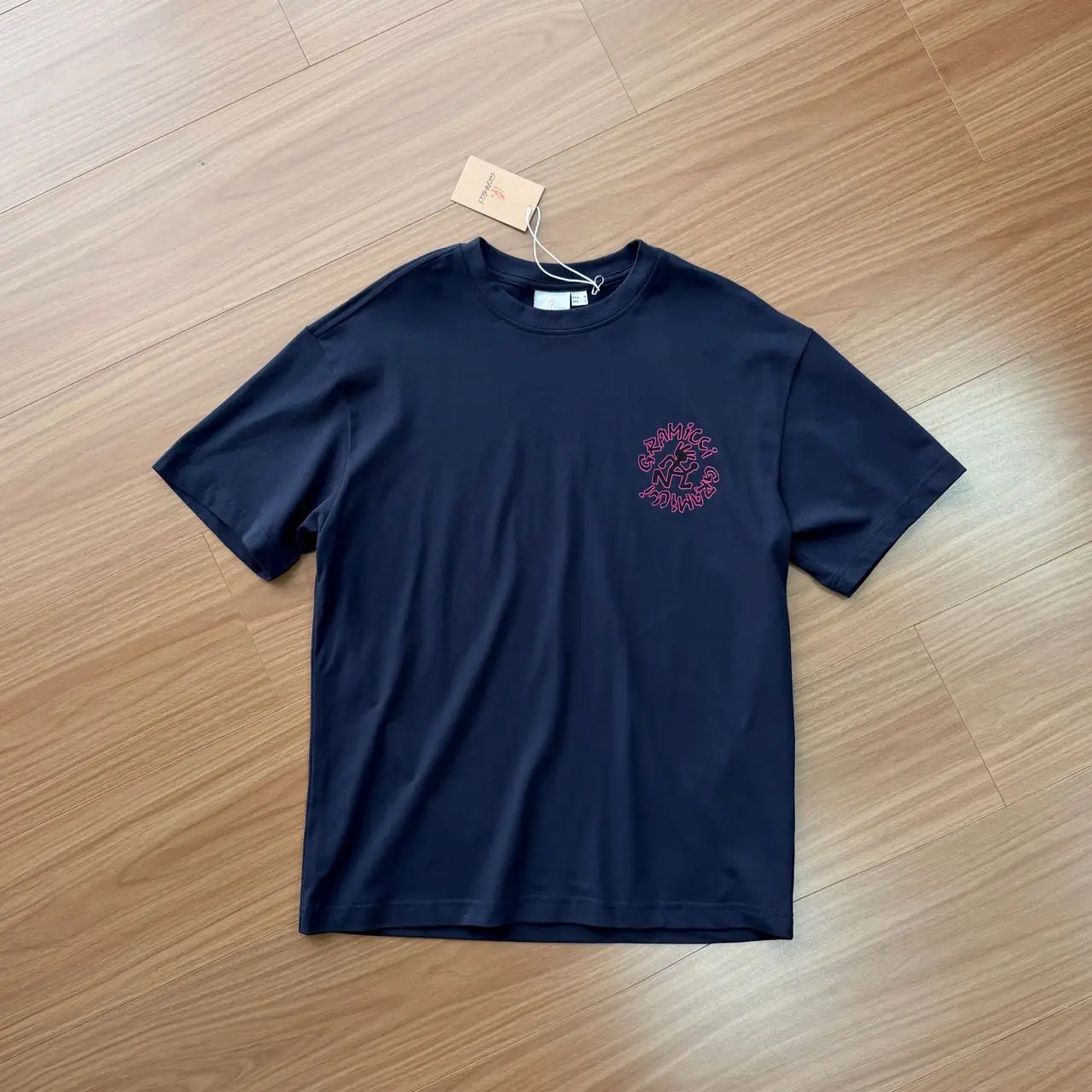 

Double Running Man Print Gramicci T Shirt Small People Label Tee Men Women Loose Quick Dry Office Commuter Short Sleeve Tops