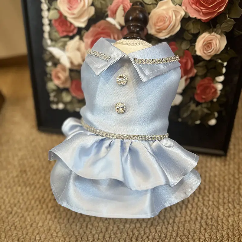 

2026 Новая одежда для щенков и кошек, модное светло-голубое простое атласное платье принцессы для маленьких и средних собак, одежда для домашних животных йоркширского пуделя