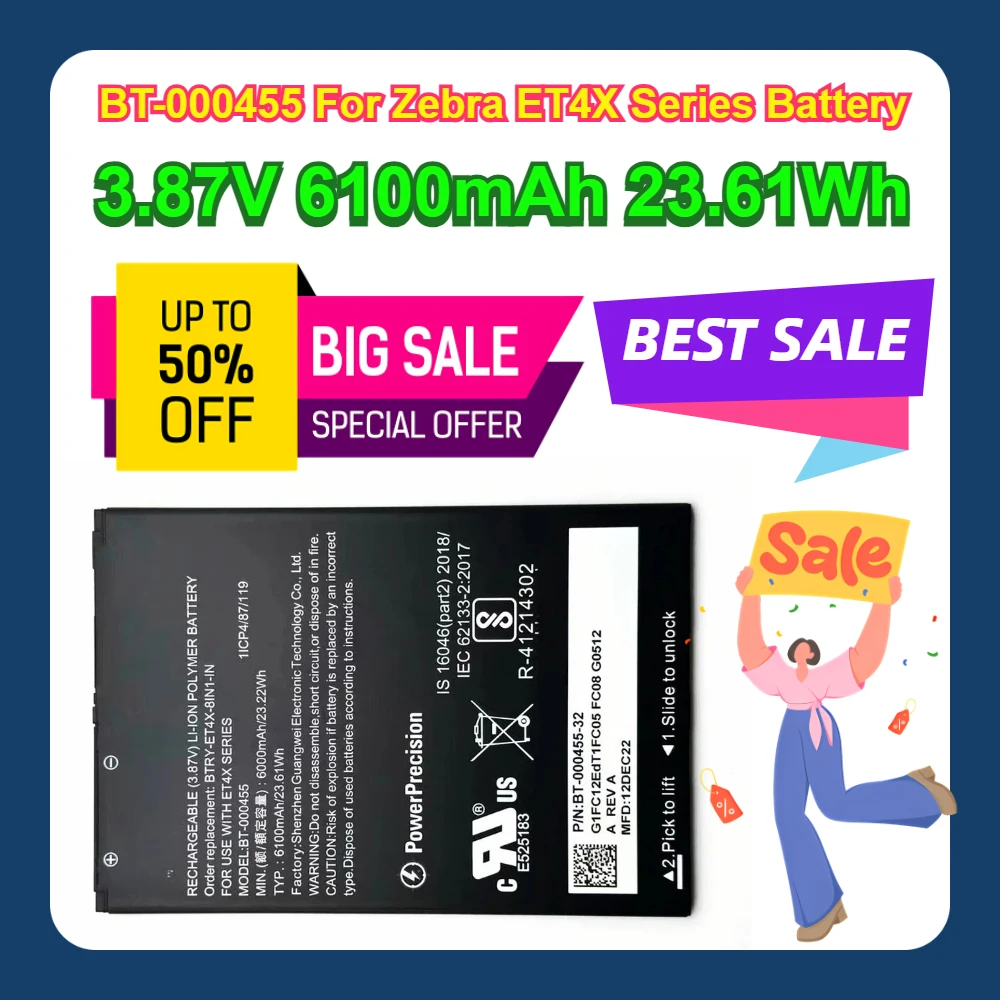

3.87V 6100mAh 23.61Wh BT-000455 For Zebra ET4X Series Battery