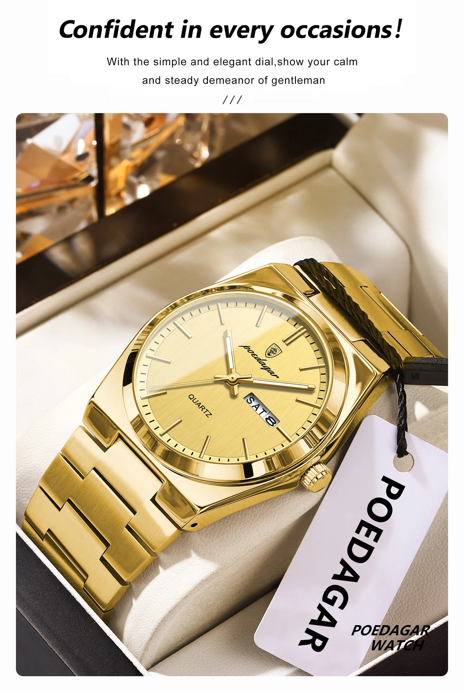 POEDAGAR Mode Klassische Mann Uhr Wasserdicht Leucht Datum Woche Luxus Männer Uhr Edelstahl Quarz Business herren Uhren – Detail 5