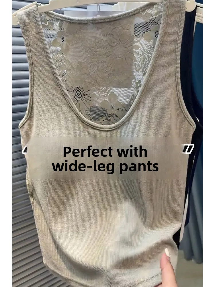 Lace Splice Slim U-Neck Strap Women's Underwear Autumn Winter Warm Inner Wear Matching Tank Top Hollow out Backless Design