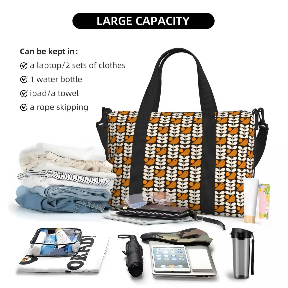 Custom Large Multistem Birds Black White Orange Tote Bag Women Orla Kiely Scandi Shopping Shoulder Gym Beach Travel Bag