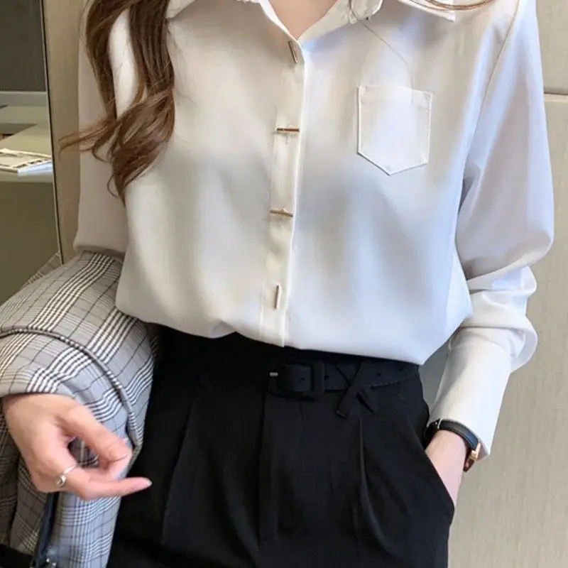 Professional Wear White Shirt for Women\'s Spring Autumn 2024 New Workplace Temperament Long Sleeves Chiffon Shirt Trendy Top