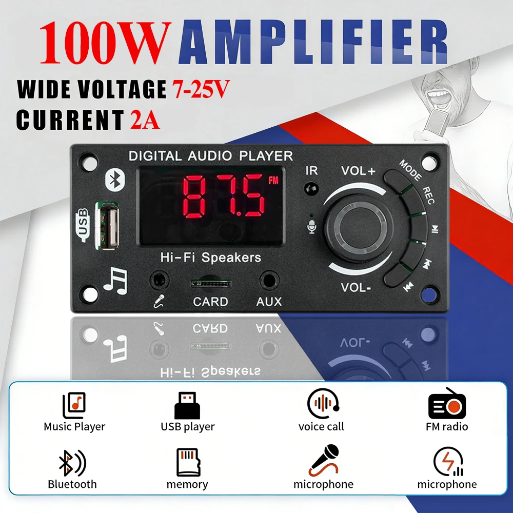 KEBIDU 100W Amplifier Bluetooth 5.0 MP3 WAV Decoder Board DC 12V MP3 Player Car Audio Module LED Screen Mic TF FM USB Recording