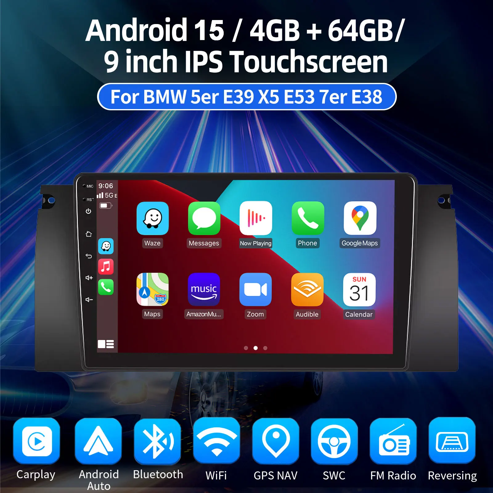 ESSGOO Android 15 9 Zoll IPS Touchscreen Display Apple CarPlay Android Auto Autoradio GPS Navigation USB Spiegel Link Lenkradfernbedienung WIFI Bluetooth FM ASP Geteilter Bildschirm Für BMW 5er E39 X5 E53 7er – Detail 7