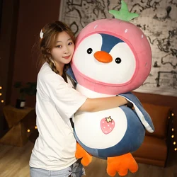 70cm New Cartoon Penguin Stuffed Animals Plush Toys Kawaii Soft Doll Dress Up Strawberry Orange Plushie Doll Gift