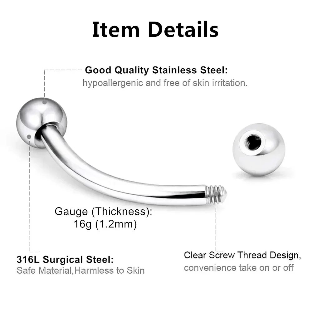 Bulk Multi Size 16G 1.2mm Steel Curved Barbell Eyebrow Piercing 6-14mm Bar 3mm Ball Ear Piercing