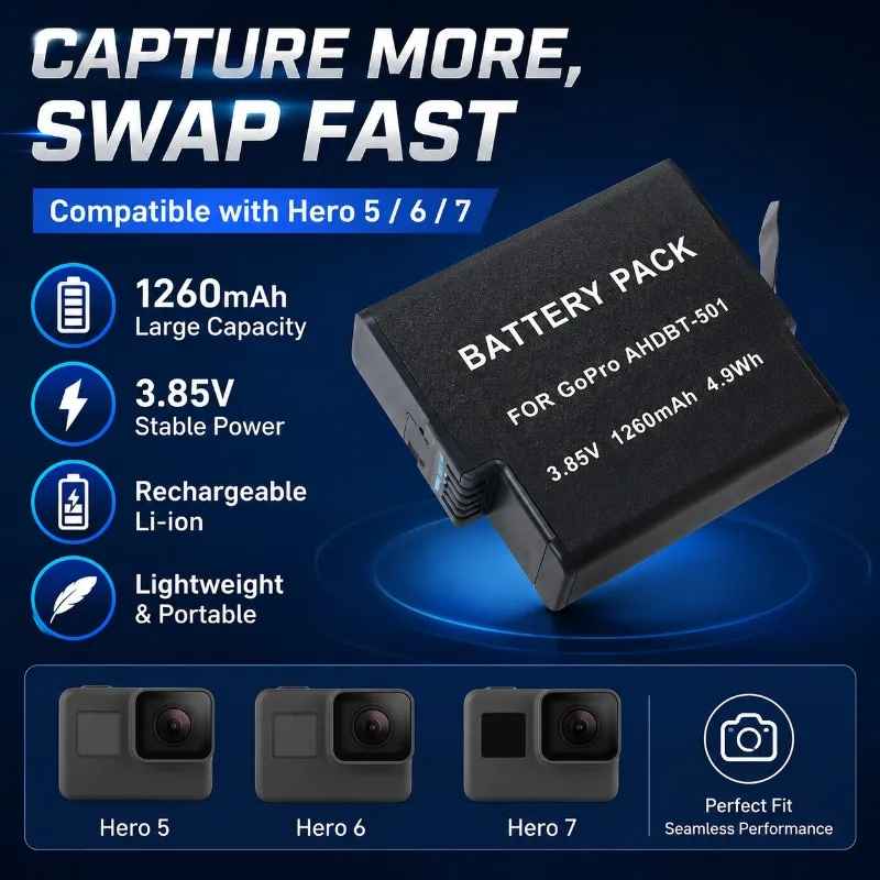 1260MAh AHDBT Battery with Long Battery Life Suitable for GoPro Hero 5 6 7 Endurance Sports Camera 3.8V Powerful Digital Battery
