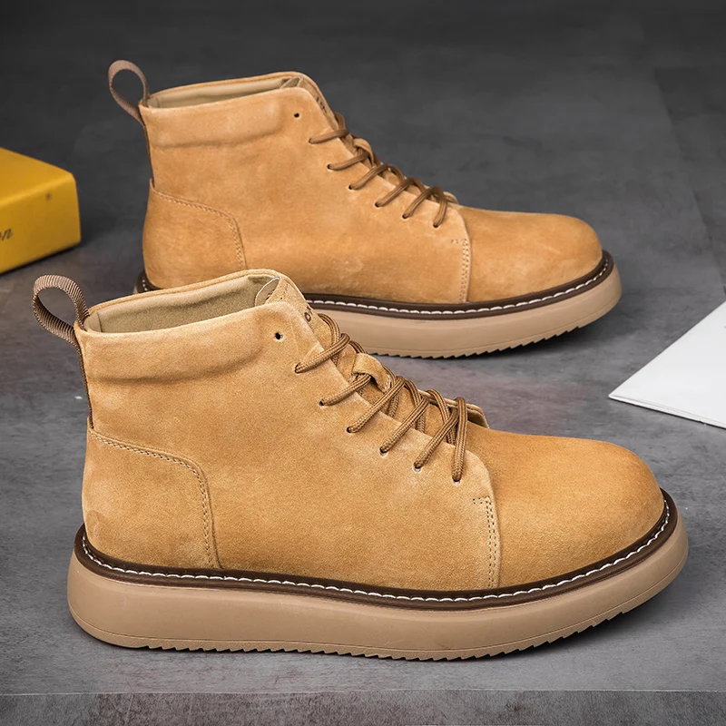 

Autumn Winter Men's Casual Shoes Suede Leather Work Shoes Male High Top Short Boots Platform Business Shoes Outdoor Antiskid Wal