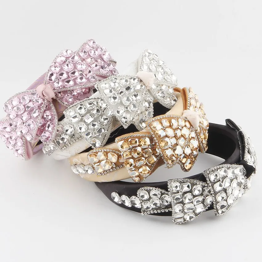

Black White Pink Rhinestone Bow Headbands Girl Sparkling Hair Accessories Elastic Headband Birthday New Year Party Headwear