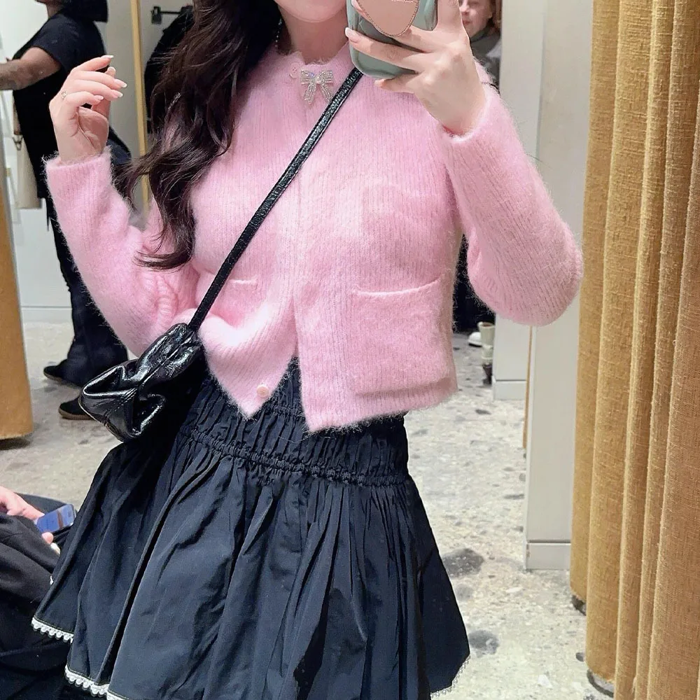 

MaSandeM Spring 2026 Women's Gentle Versatile Knot Imitation Diamond Collar Short Knitted Open Cardigan Elegant Sty...