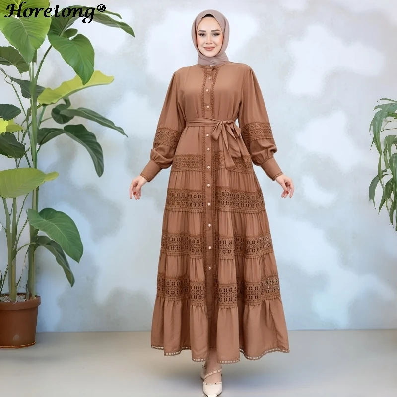 

Lace Patchwork Pearl Button Muslim Abaya 2026 Elegant Stand Collar Lantern Sleeve Belted Tiered Modest Maxi Dress Ramadan Eid