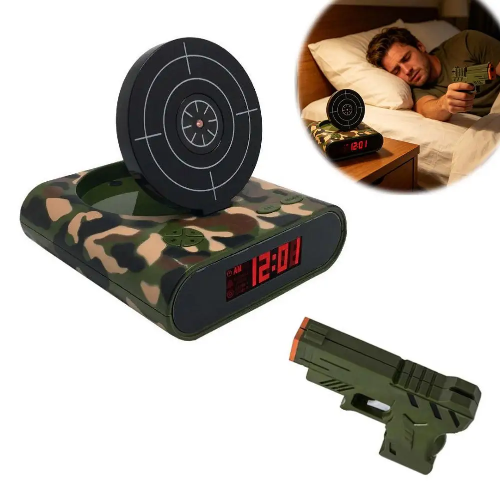 

Creative Gun and Target Alarm Clock,Fun Shooting Game Wake-Up Clock, Interactive Novelty Gift for Kids and Adults,Bedroom Gadget