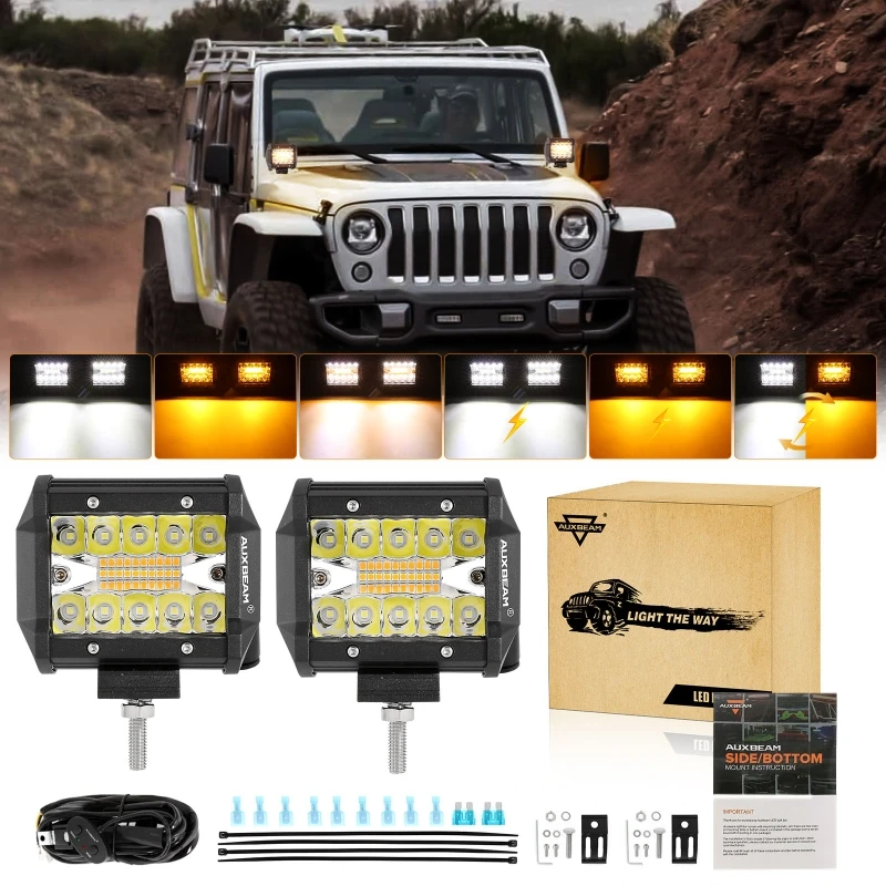 

Auxbeam 2/4Pcs 4 Inch 6 Lighting Modes 120W 6000K Amber White LED Work Light LED Pods Lights with Harness