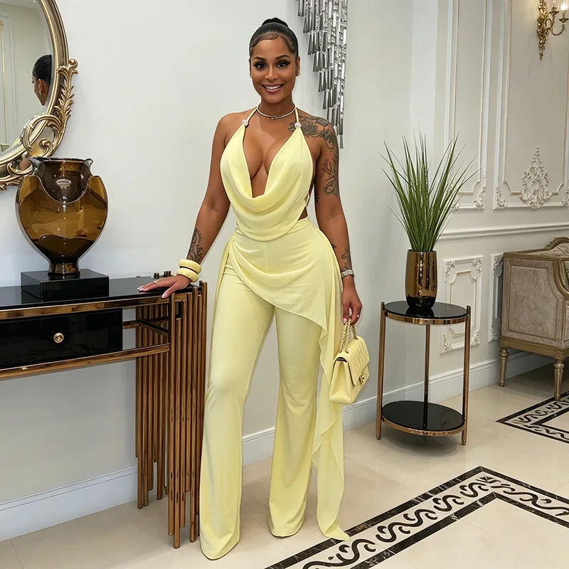 Sexy Backless Halter Chiffon Jumpsuits Women Club Party Summer Rompers Bodycon Fashion Sleeveless V Neck Overalls Beach Vacation