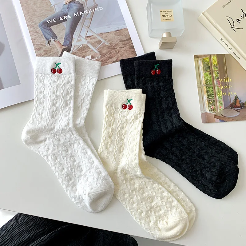 

Korean Style Cotton Socks for Women Striped Contrast Medium Tube Sock Cherry Embroidery Black White Sports Casual Sox 3 Pairs