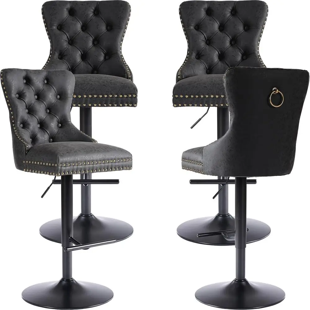 

Set of 4 Black Swivel Bar Stools with PU Leather, Adjustable Height for Kitchen Island, Metal Base, Back Support (Black)
