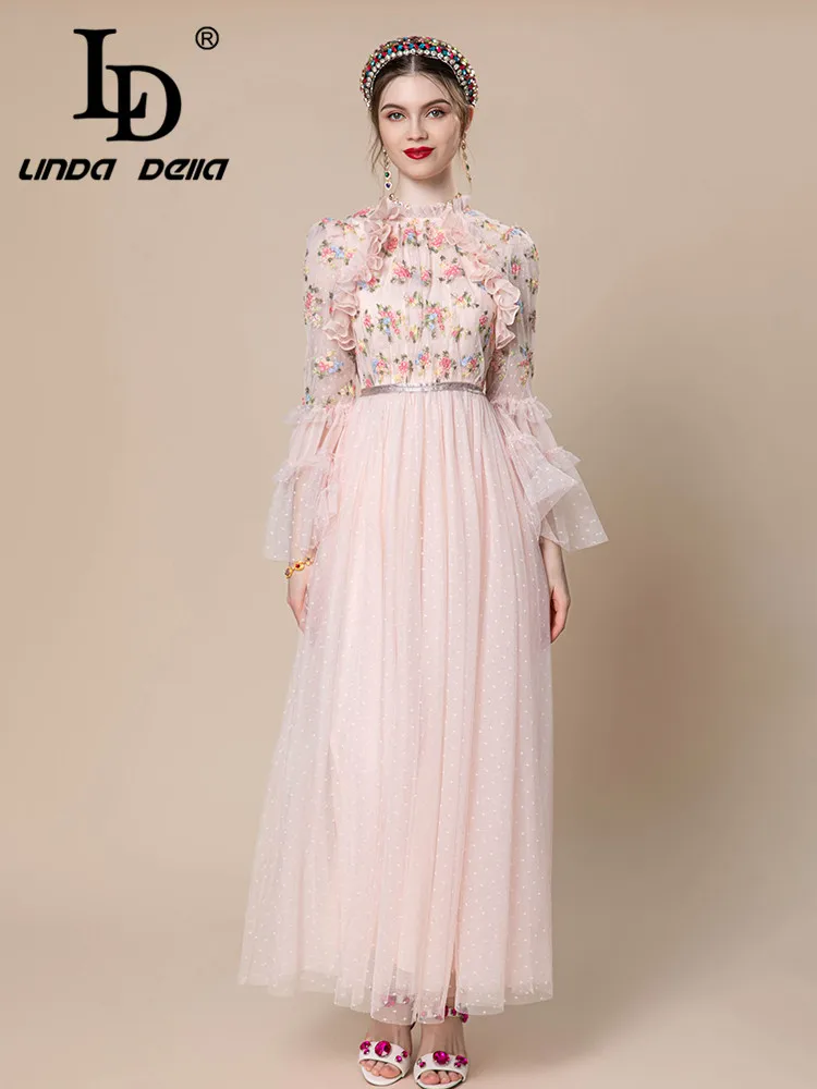 

LD LINDA DELLA Summer Fashion Designer Elegant Dress Women Flower Color Flared sleeve Print Splice Lace Wave point Long Dress