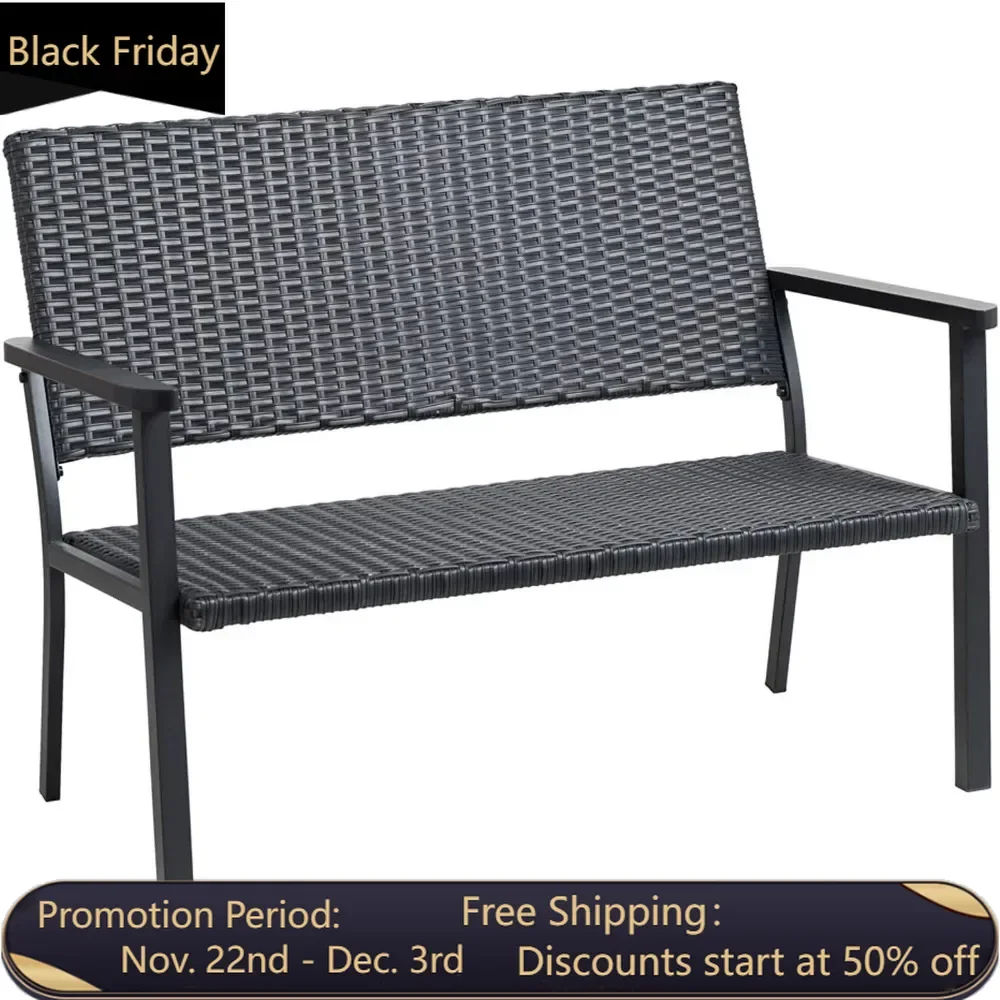 Outdoor double sofa bench for outdoor terrace porch, metal frame, black all-weather willow branches