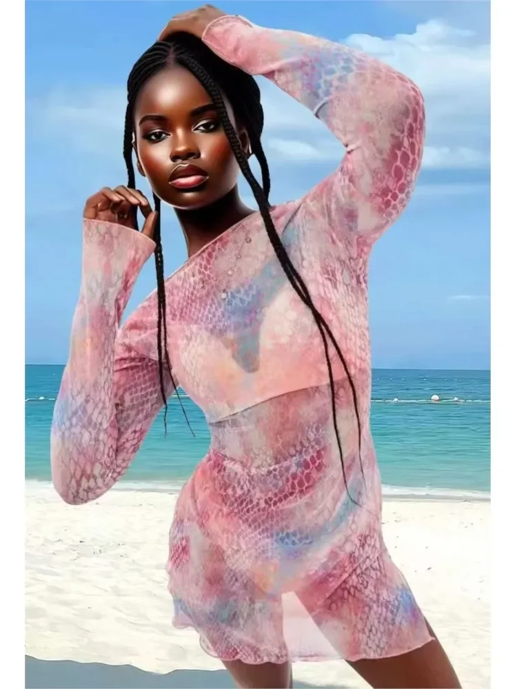 CPSYMYM レディース セクシー シアー メッシュ ビーチ カバーアップ ドレス 軽量 ビキニ ローブ ベルスリーブ付き 夏休み用ドレス 女性用