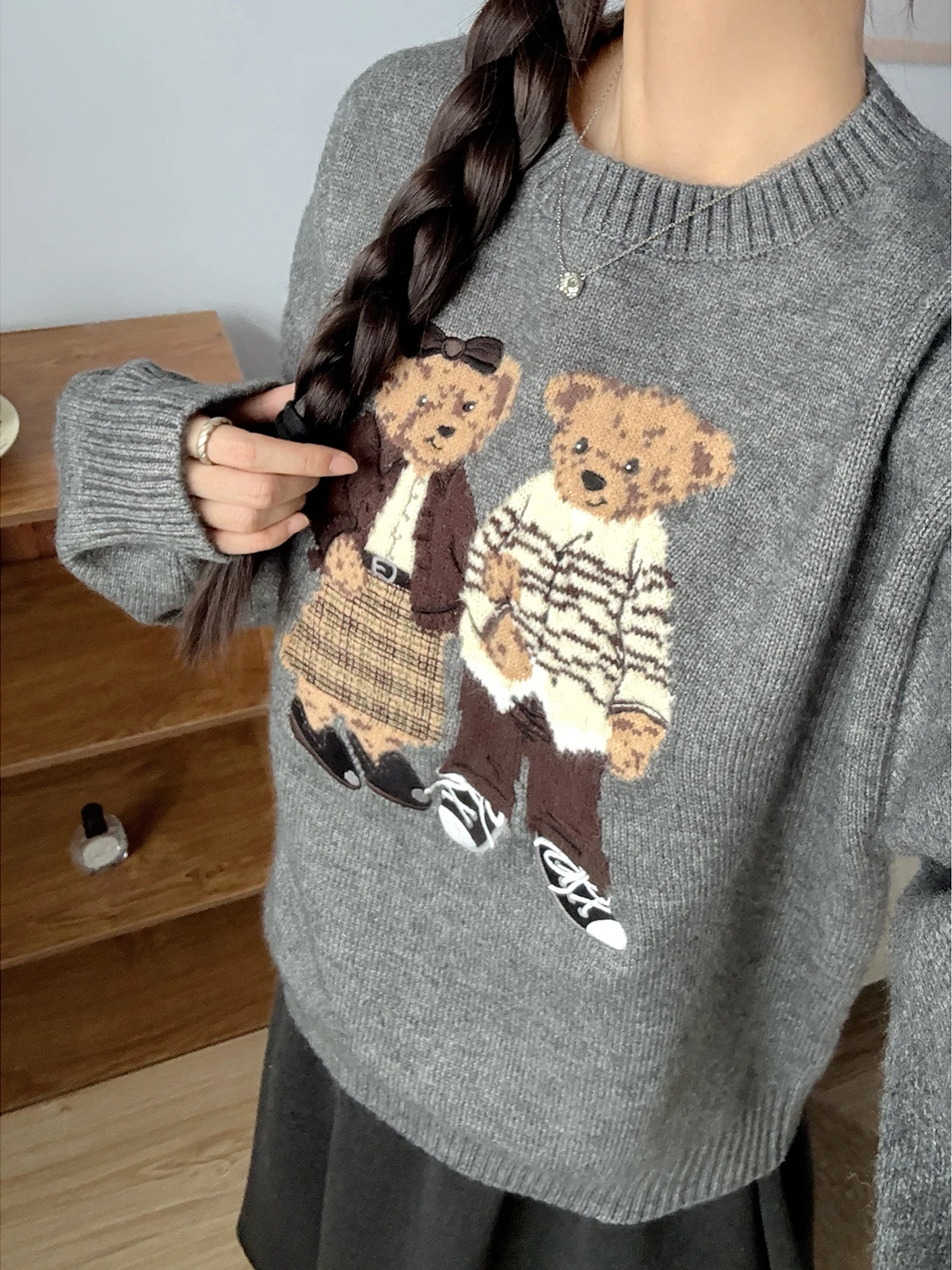 

Retro Cartoon Bear round Ne Knitted Sweater Women's Loose Fit Soft Inner Wear T-irt Sle Long Sve Autumn Winter New A...
