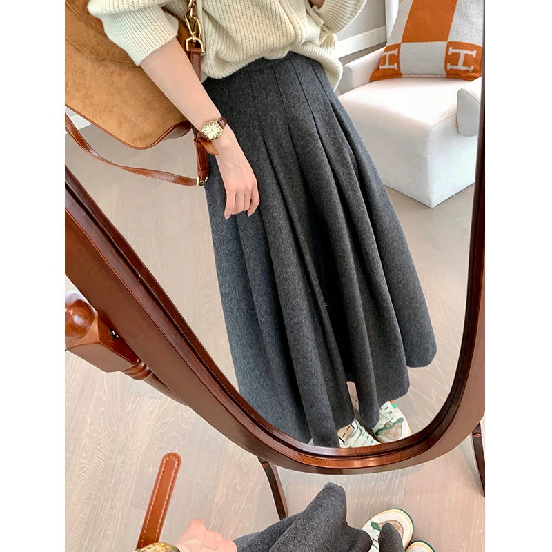 

MUKOK Women's Mid-Length Woolen Skirt A-Line Midi Skirt High Waist Pleated Large Hemline Commute Sle Korean Faion