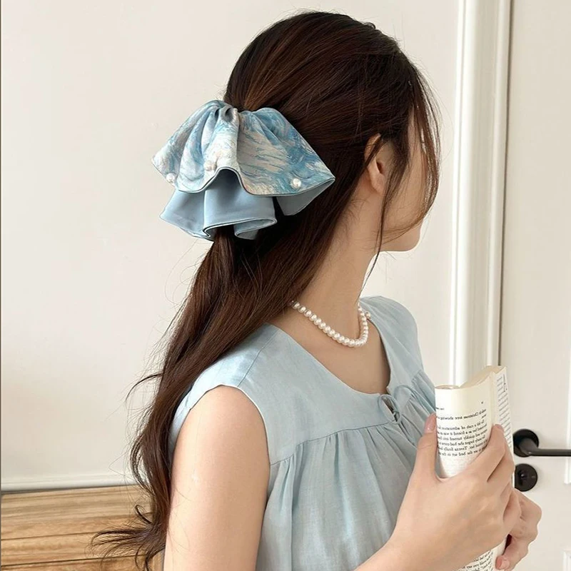 

Large Hair Bow Blue Scrunchies For Hair Satin Silk Girls Glossy Elastic Hairties Floral Oil Painting Hair Accessories for Women