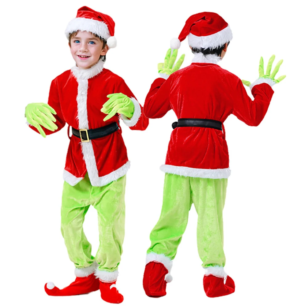 

New Children's Christmas Costumes Green Haired Monster Grinch Cosplay Costume Santa Claus Plush Velvet New Year Eve Party Outfit