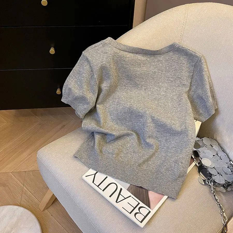 Women's Checkered Bow Decor Knit Top, Crew Neck Short-Sleeve Cropped Sweater, Casual Slim-Fit Summer Tee