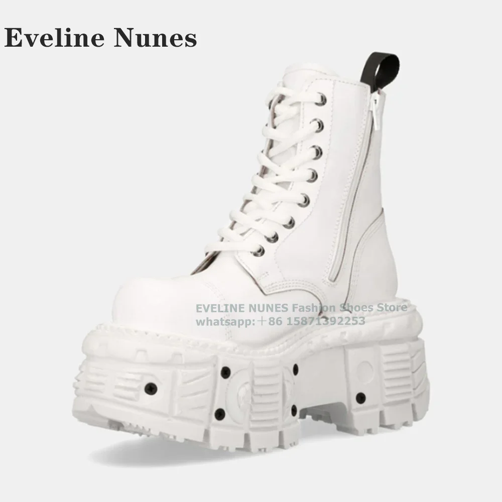 

Round Toe Height Increasing Side Zip Patchwork Retro Motorcycle Boots White Platform Rivet Mid Calf Boots Casual Autumn 2024