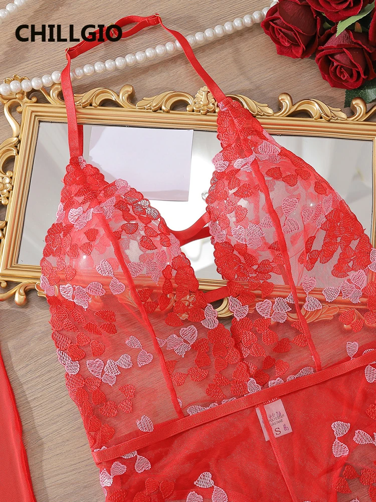 CHILLGIO Donne Sexy Cuore Ricamo Tute di Pizzo Guanti Maglia di Un Pezzo Tutina Ins Trasparente Erotico Halter Pagliaccetti Lingerie