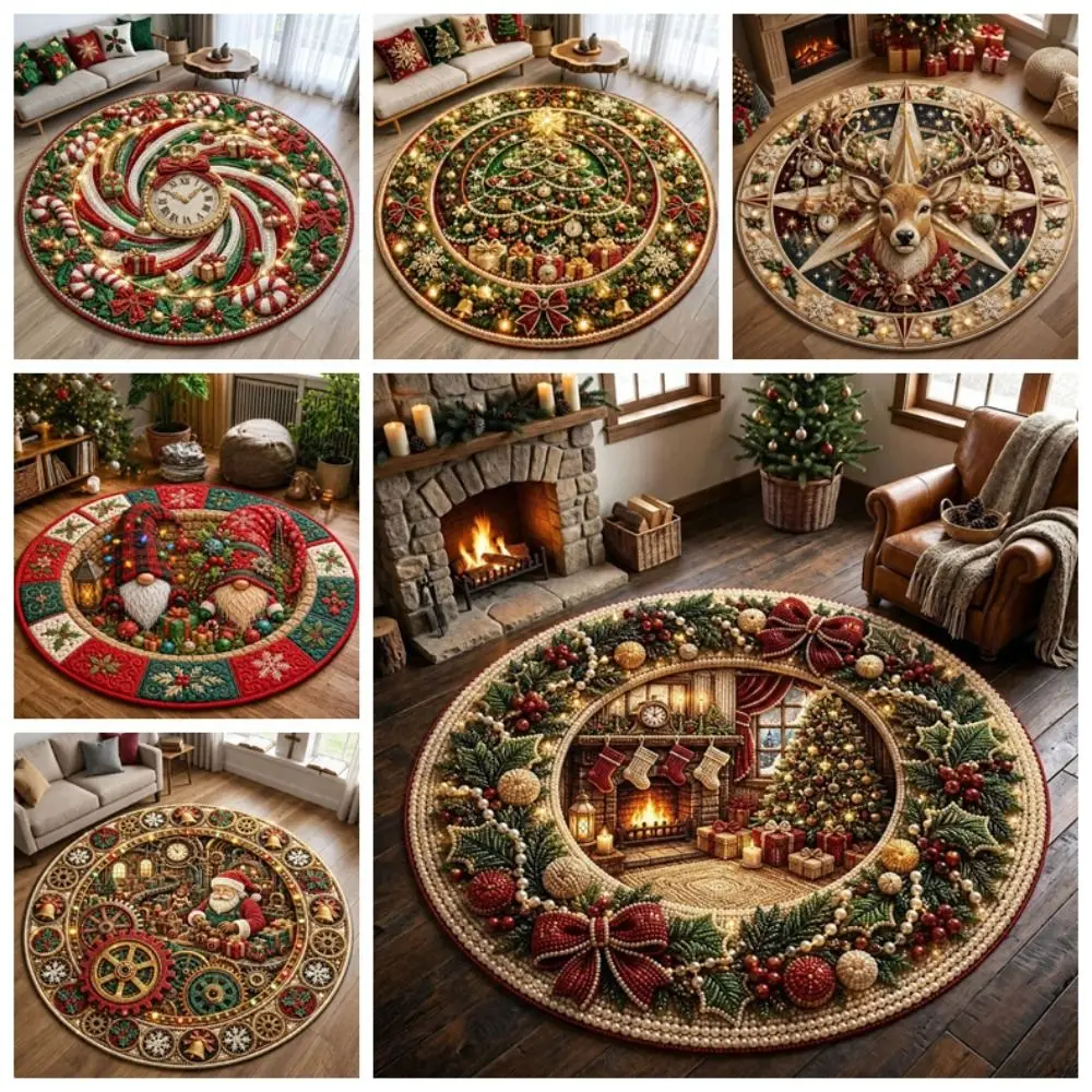 60*60cm Christmas Round Carpet 3D Special-shaped Red Santa Claus Floor Mat Imitation Cashmere Anti-Slip Bedroom Door Mat