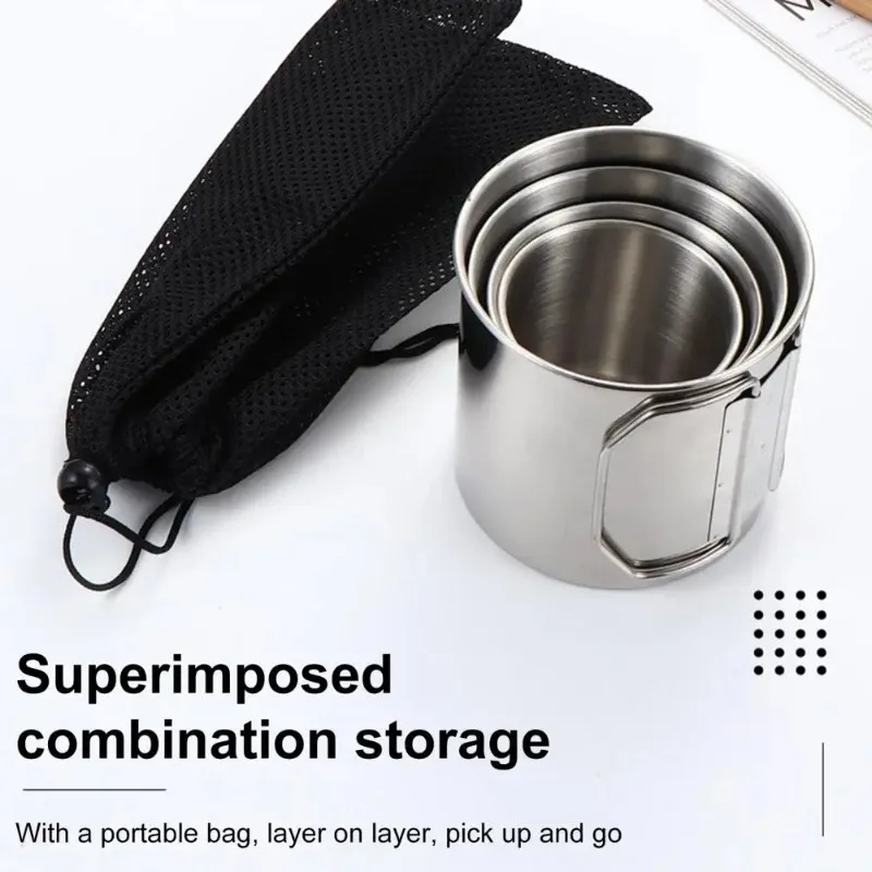 

Stainless Steel Folding Handle Cup Set with Storage Bag Carabiner Cup Outdoor Camping Hiking Picnics Water Coffee Drink Cups
