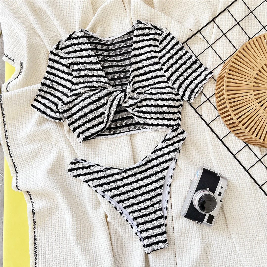 Gestreifter Bikini mit kurzen Ärmeln, Damen-Badeanzug, zweiteiliges Bikini-Set, brasilianischer Schnitt, gepolstert, Badebekleidung, Badeanzug, Modell V6615. – Detail 9