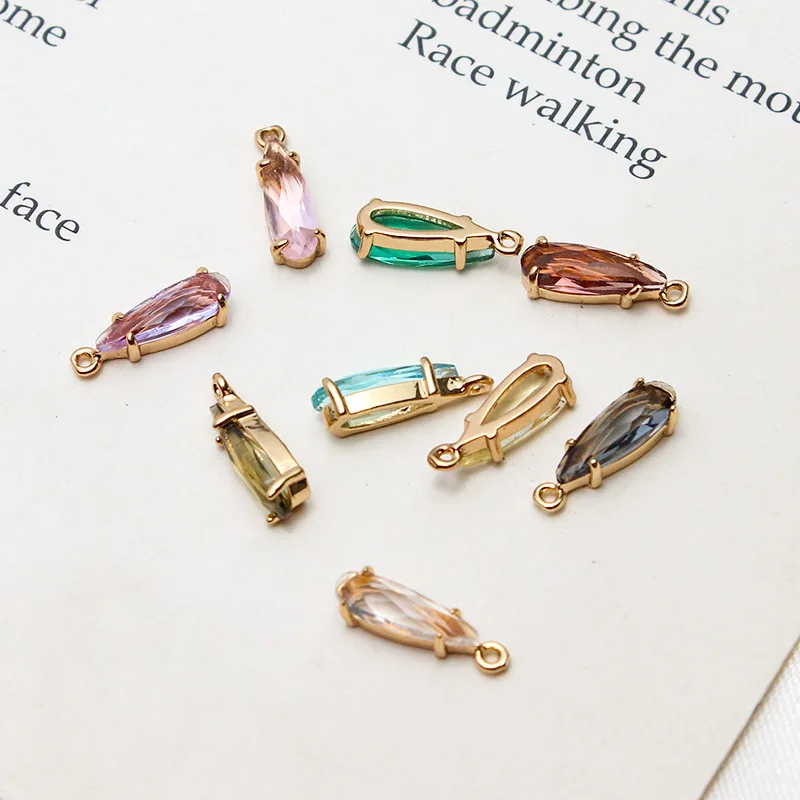 1pcs Diy Accessories Copper Edge Rare Earth Glass Gold-plate Long Water Drop Small Pendant Earrings Necklace Material Charms