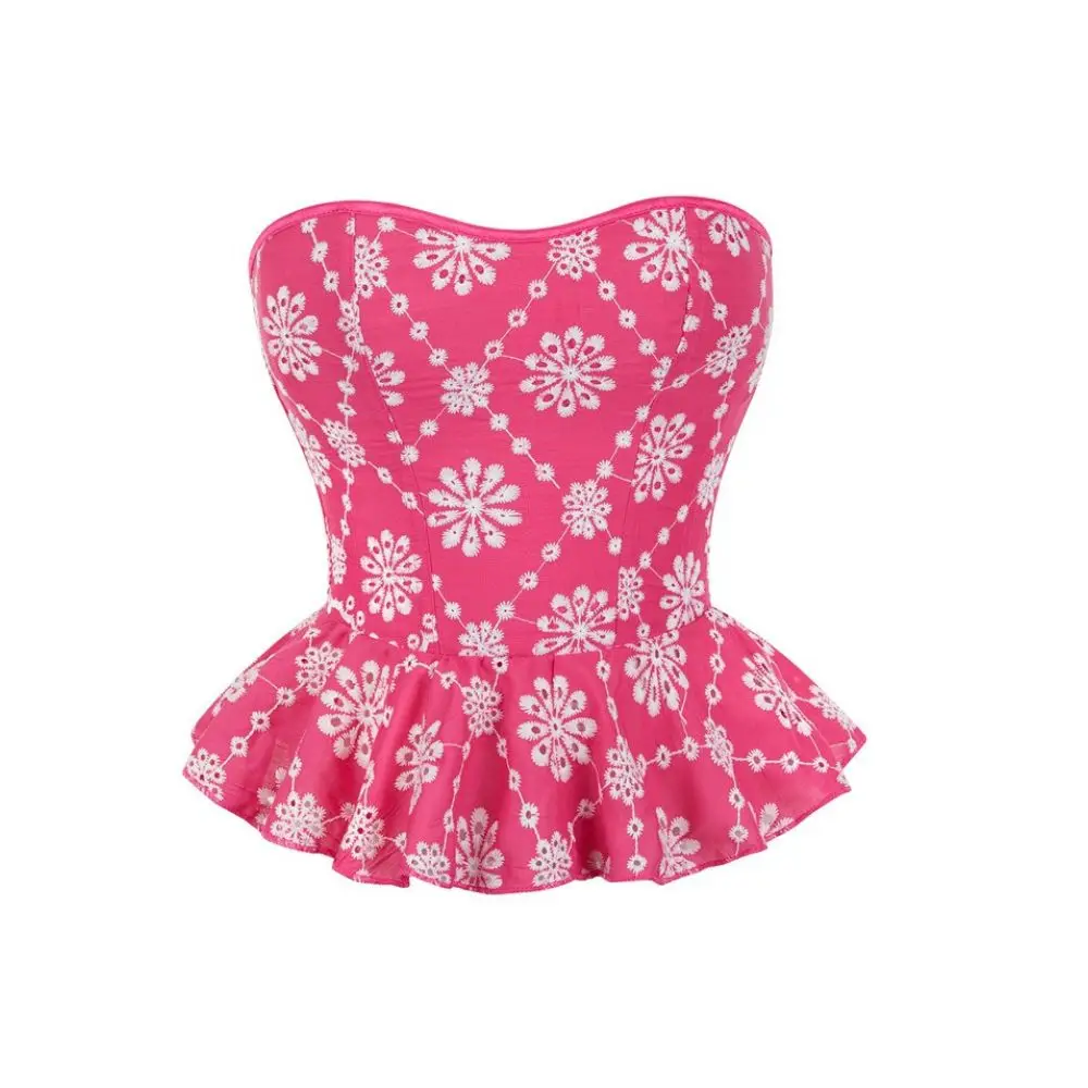 Damen Korsett-Top in Pink mit Blumenmuster, trägerlos, Peplum-Saum, Schnürung am Rücken, süß, romantisch, Taillenformer, Bustier-Top
