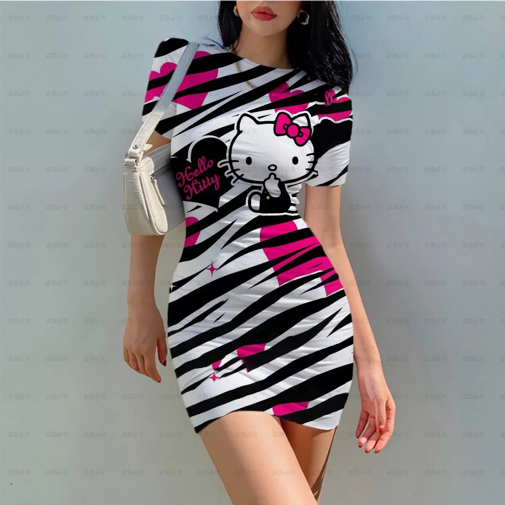 Hello Kitty Mini Dresses For 3D Womens Vestido Short Sleeve Slim Bodycon Dress Tunic Crew Neck Casual Pencil Dress New Arrival