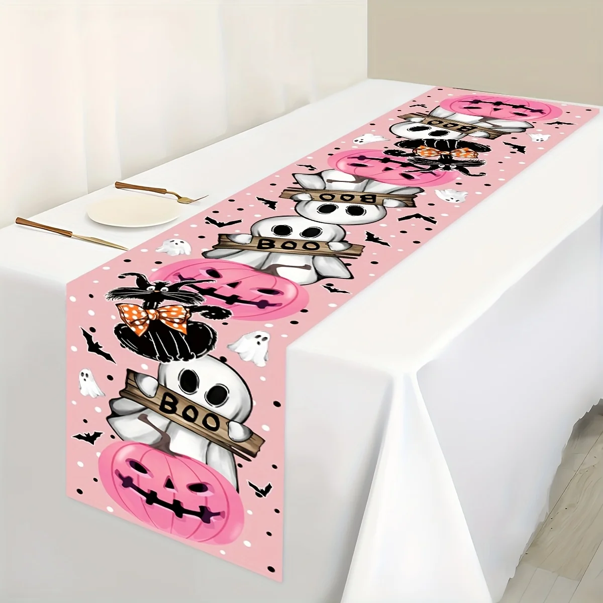 1pc Halloween Table Runner with Pink Pumpkins, Ghosts, Black Cats Perfect for Halloween Parties, Holiday Dinners Table Decor