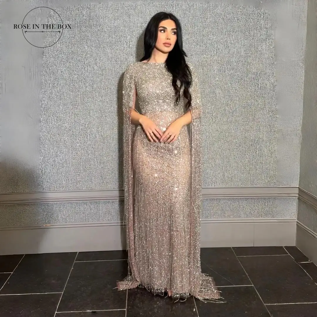 

ROSEINTHEBOX Customized O-neck Formal Evening Dresses for Sexy Women Half Sleeve Shiny Bead فساتين سهرة Party Gowns