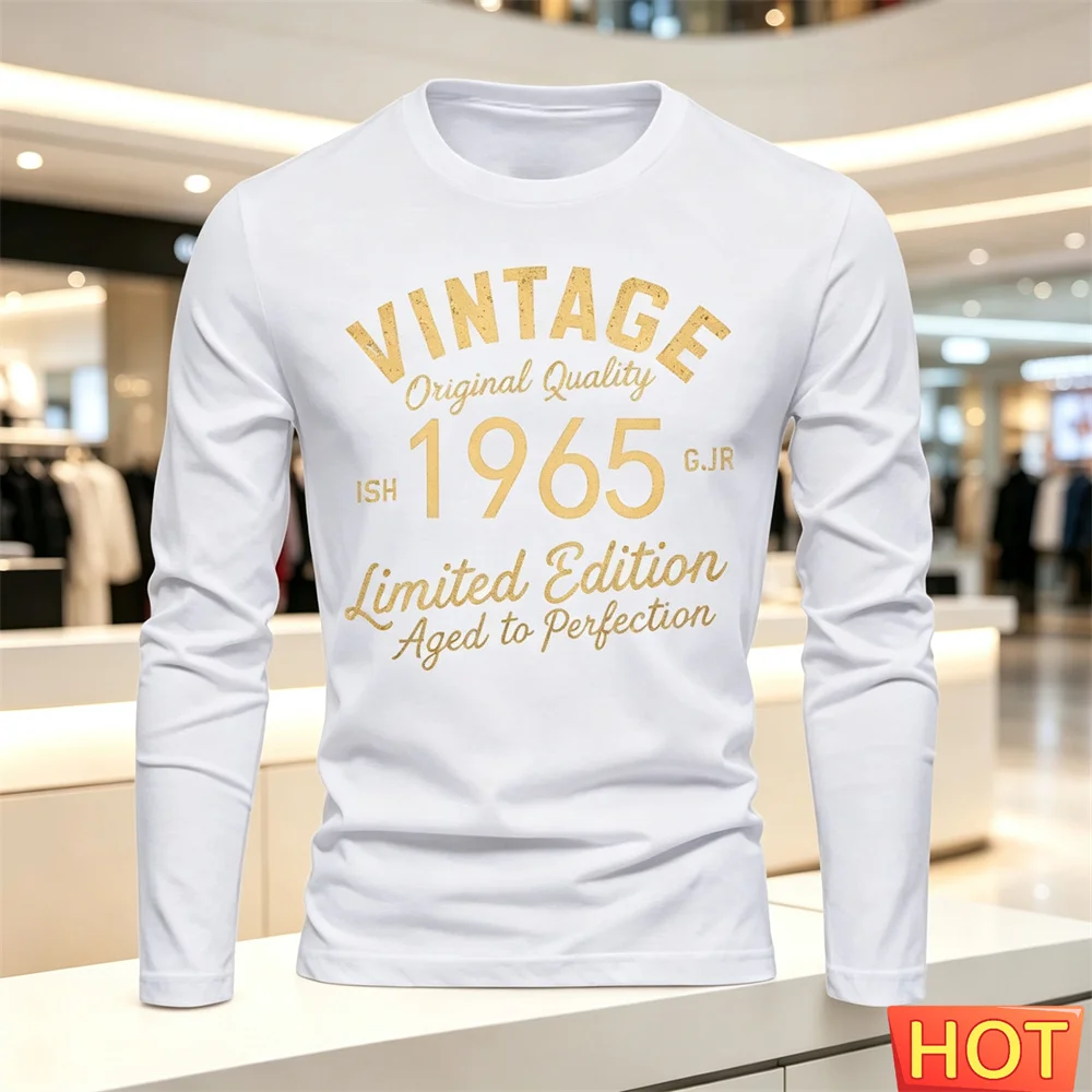 American Retro Men's Long sleeved T-shirts LetterPrinted Micro Elastic Breathable Round Neck Cotton men's T-shirt Men's clothing