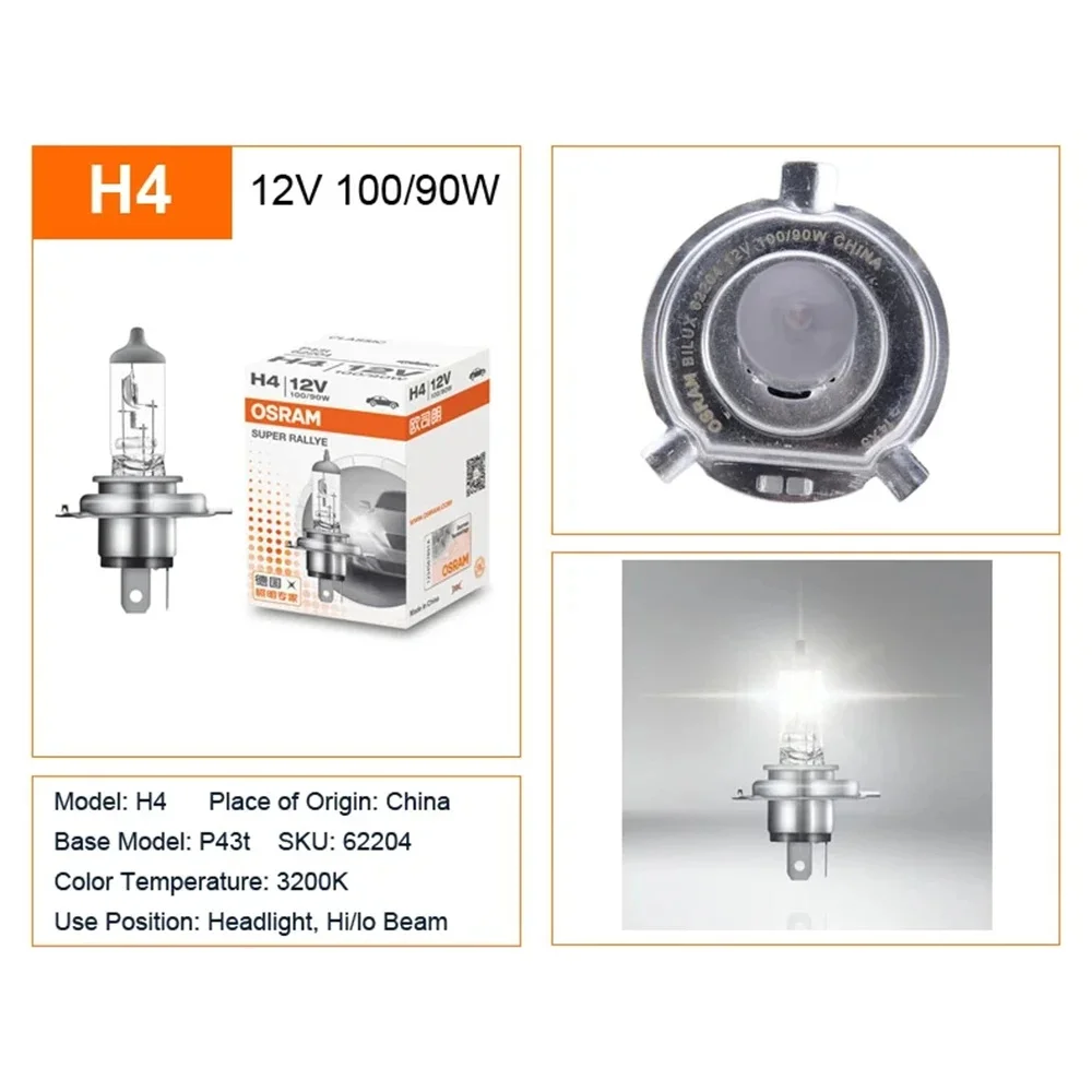 10PCS OSRAM Classic H4 100W 12V Car Halogen Headlight Super Rally High Watt More Bright Light 3200K Bulb 62204 Authentic Lamps