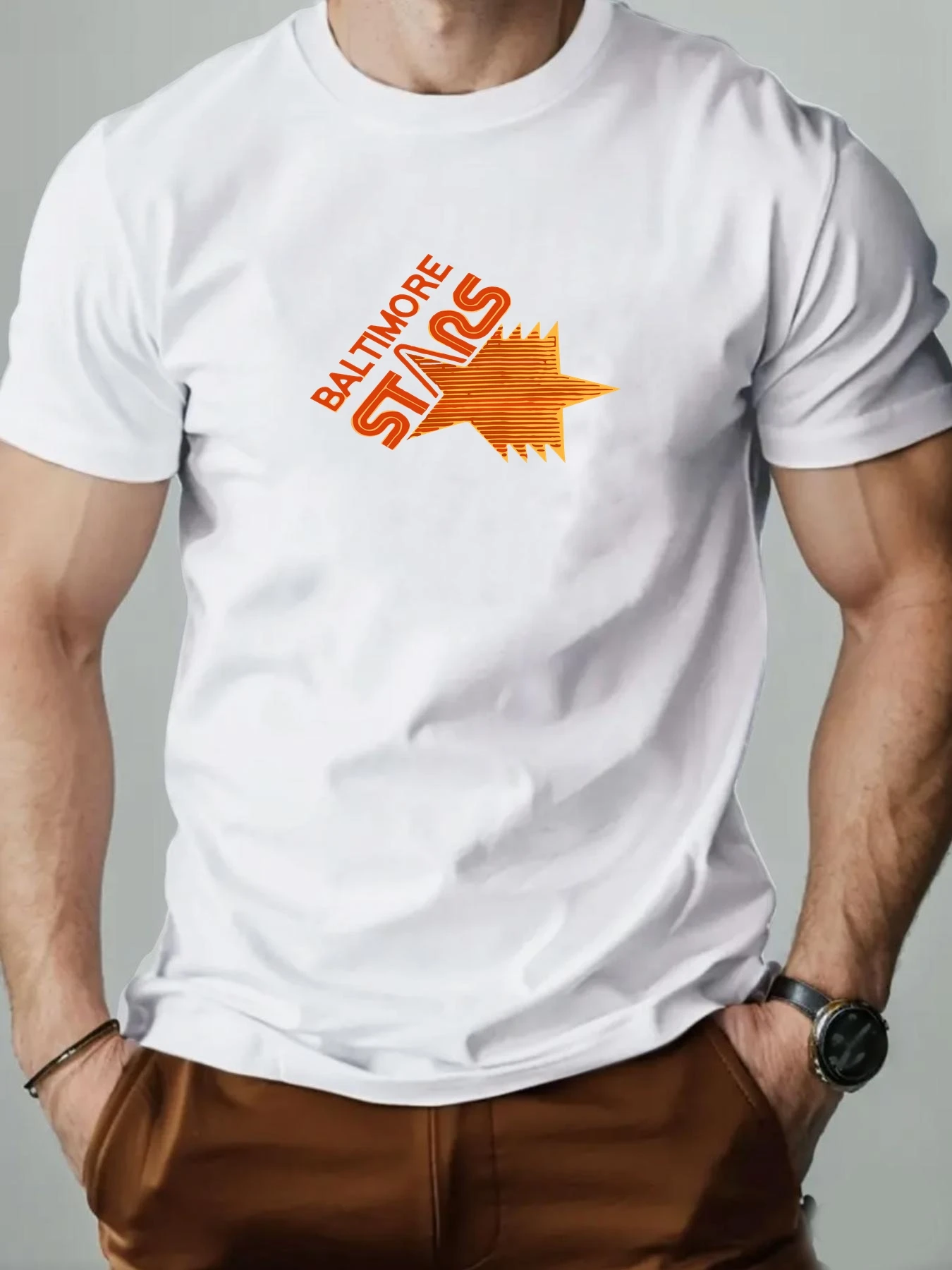 2025 جديد Hot البيع الرجال الصيف تي شيرتات قصيرة الاكمام مع بالتيمور نجوم ريترو ستار طباعة عادية لينة تنفس القطن المحملة