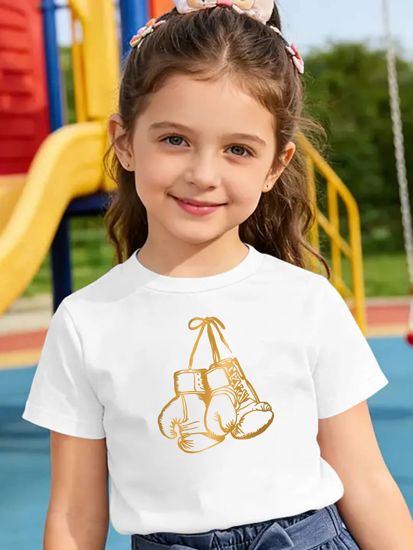Retro Gold Line Art Hanging Boxing Gloves Athletic Print Kids T Shirt Boys Girls Family Matching Summer Crew Neck Casual Tee