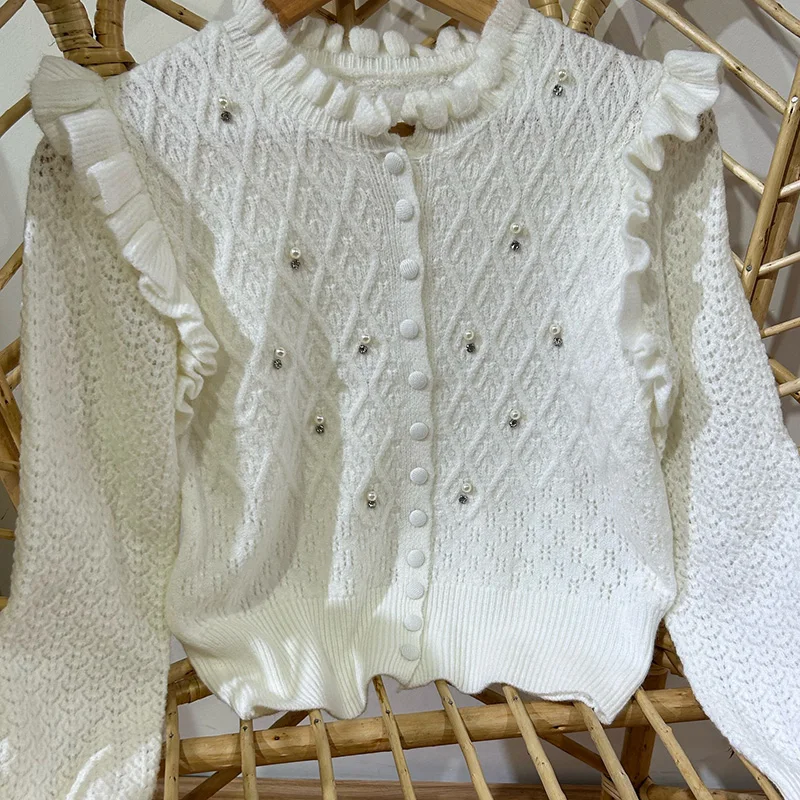 

Autumn Winter New Solid Color Commute Sweater Fashion Stand Collar Slim Women's Knitted Cardigans Elegant Hollow Out Peal Jumper