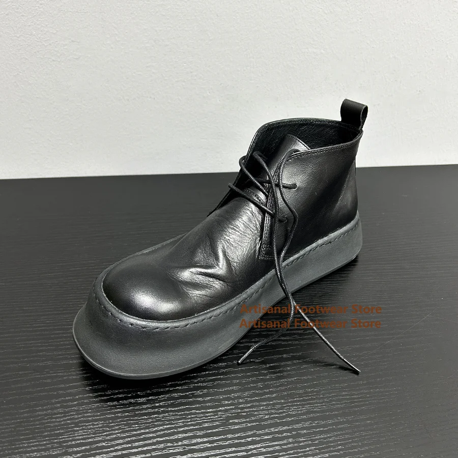

Cowhide Thick Soled Men's Boots Retro Big Round Toe Casual Leather Shoes Short Boots Trendy Handmade Men Casual Shoes Men Boots