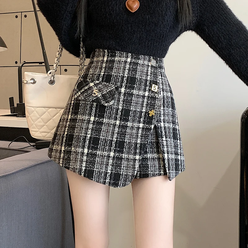 2023 Autumn/Winter High Waist Irregular A-line Slim Wool Plaid Small Fragrant Short Skirt Pants