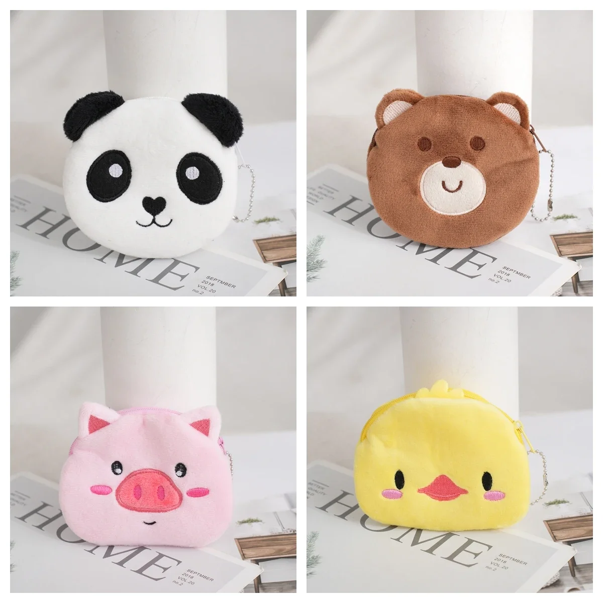 Children‘s Cartoon Soft Plush Coin Pouch Bear Panda Chick Pig Coin Purse Earphone Keys Mini Storage Bags ID Credit Card Holder