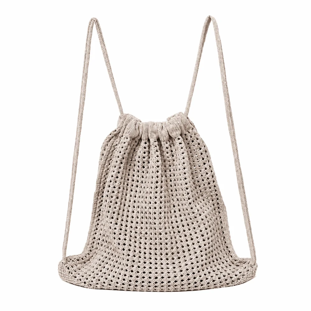 Bohemian Style Solid Color Crochet Backpack Hollow Out Large Capacity Shoulder Bag Versatile Drawstring Bag Travel Use