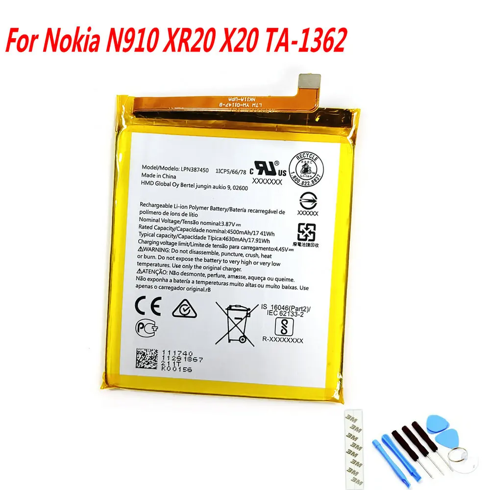 NEW 3.87V 4500mAh LPN387450 Battery For Nokia N910 XR20 X20 TA-1362 Mobile Phone